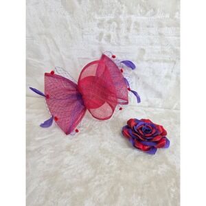 Red Hat Society Fascinator Hair Comb and Flower Brooch Set
